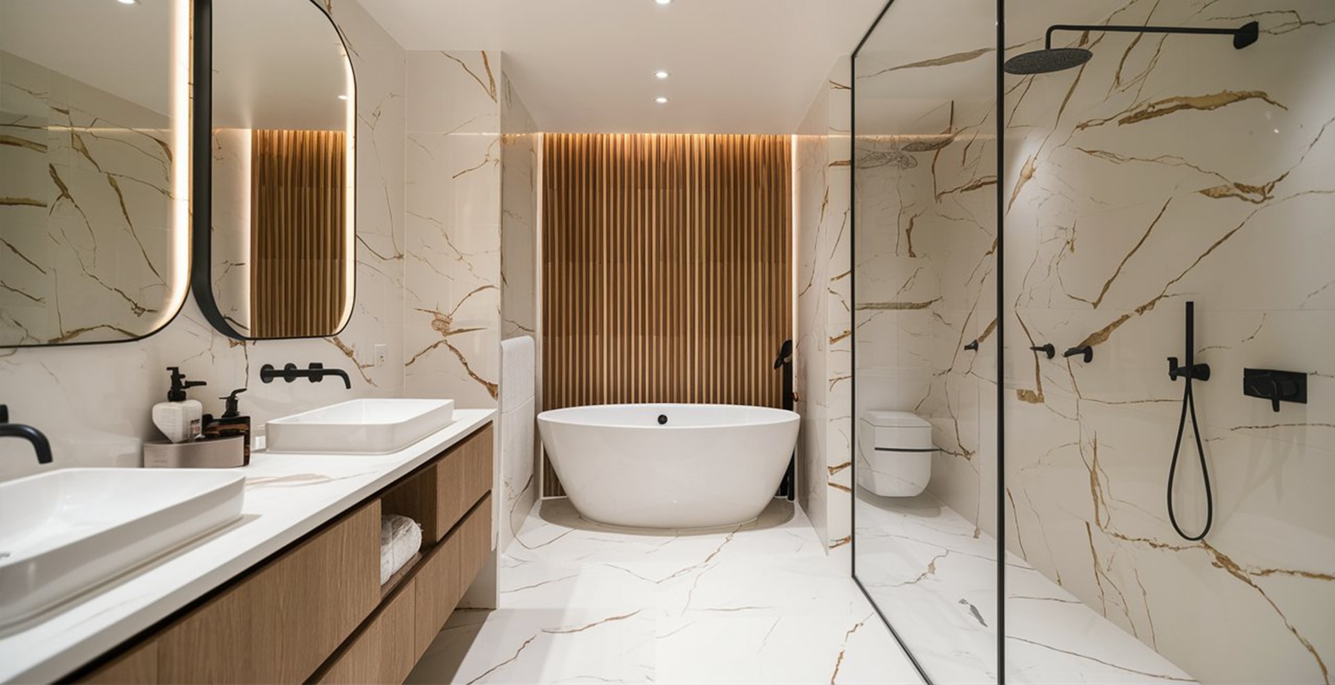 salle de bain carrelage marbre blanc et doré