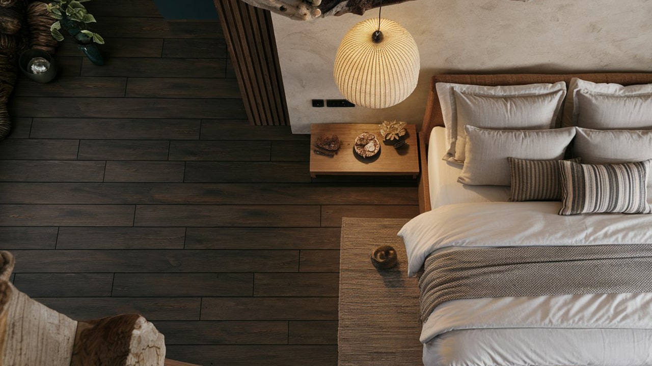 chambre en carrelage aspect parquet foncé