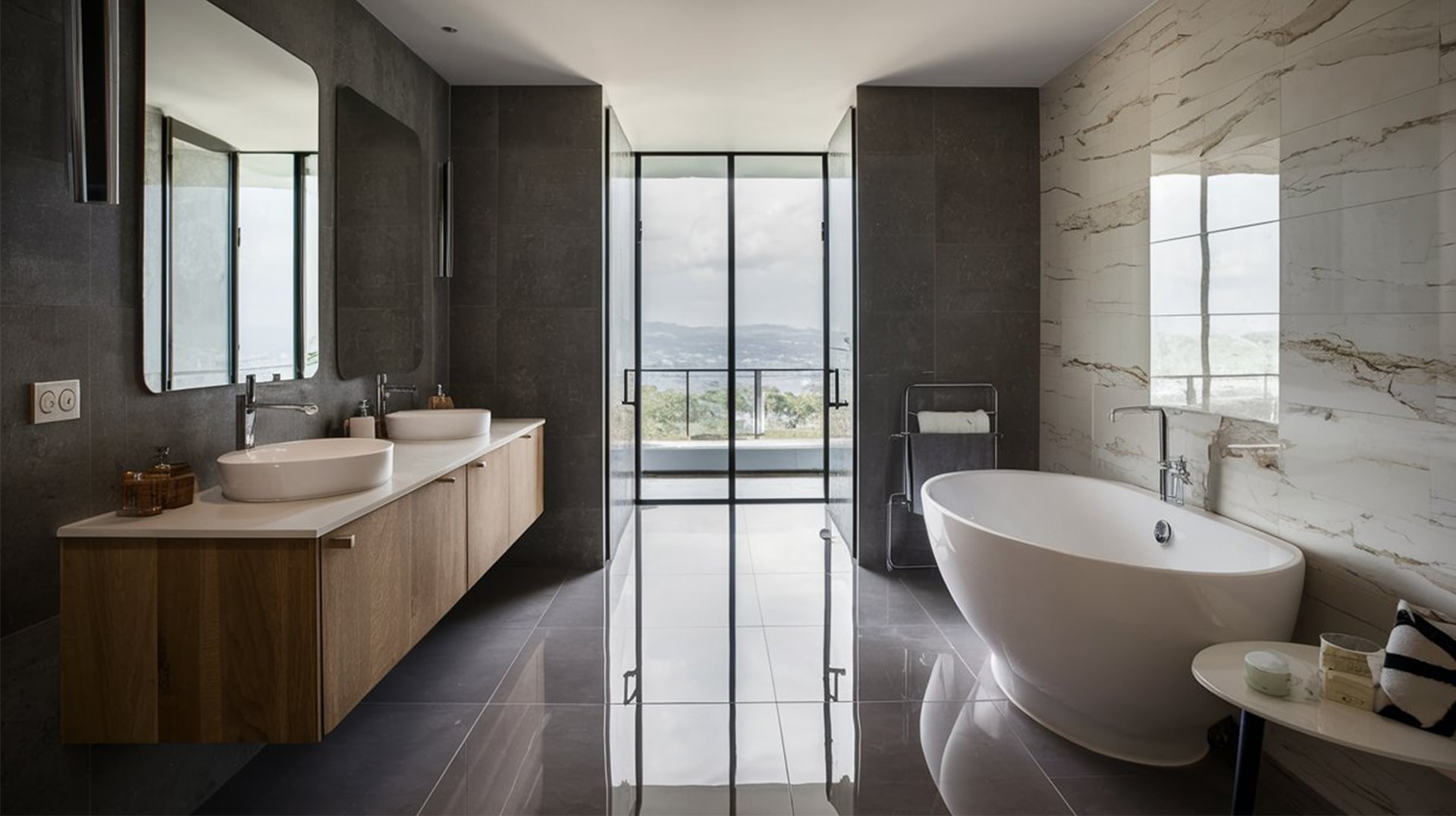 Salle de bain carrelage brillant murs